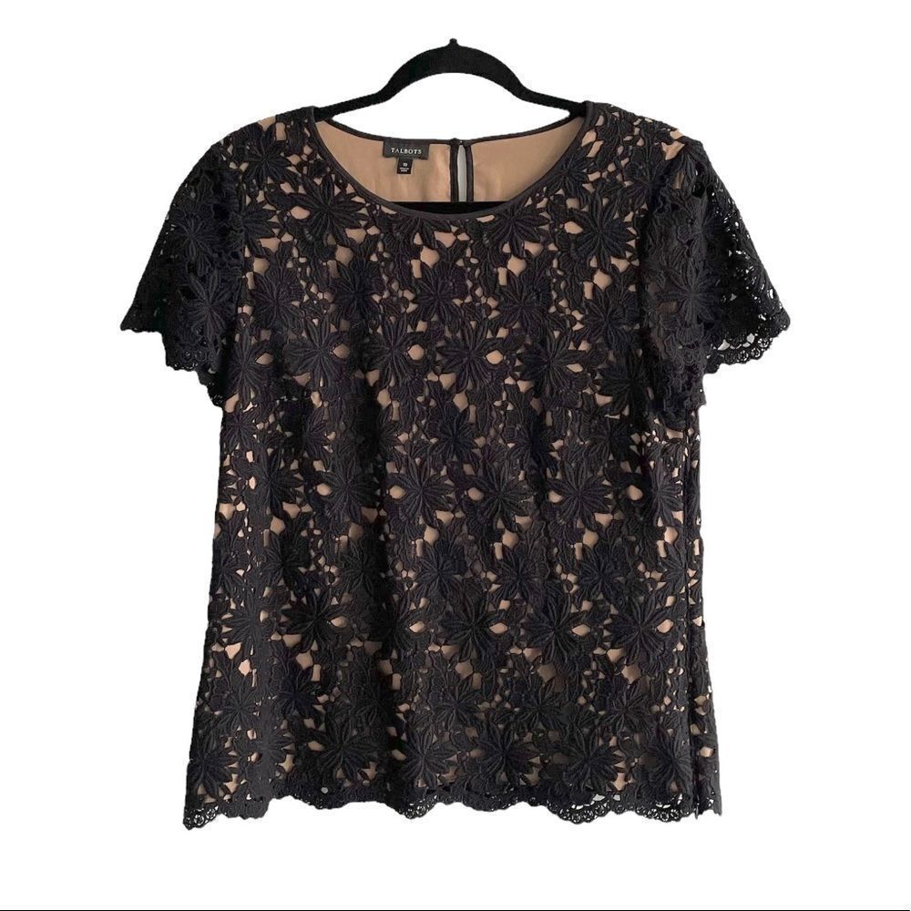 TALBOTS Lace Crew Neck Short Sleeve Blouse Black Camel 10